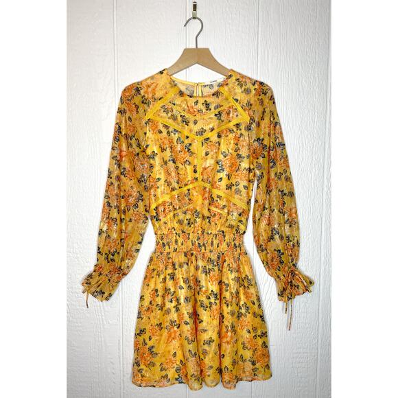 TULAROSA Camden Metallic Yellow Floral Ruffle Long Sleeve Dress SMALL - Picture 6 of 13